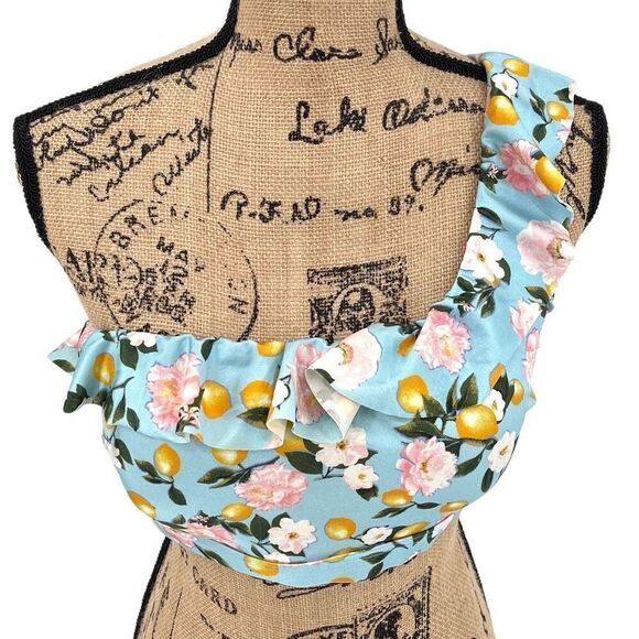 Victoria's Secret Swim Ruffle Bikini Top One Shoulder Padded Lemons Large Blue - Picture 2 of 8